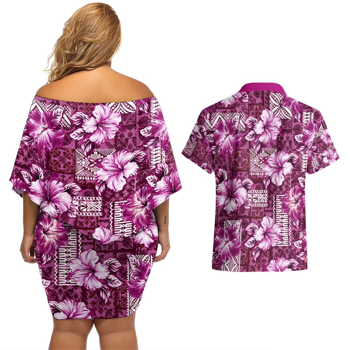 Hawaiian Quilt Pattern Couples Matching Off Shoulder Short Dress and Hawaiian Shirt Hibiscus and Tribal Element Vintage Pink Vibe LT03 - Polynesian Pride