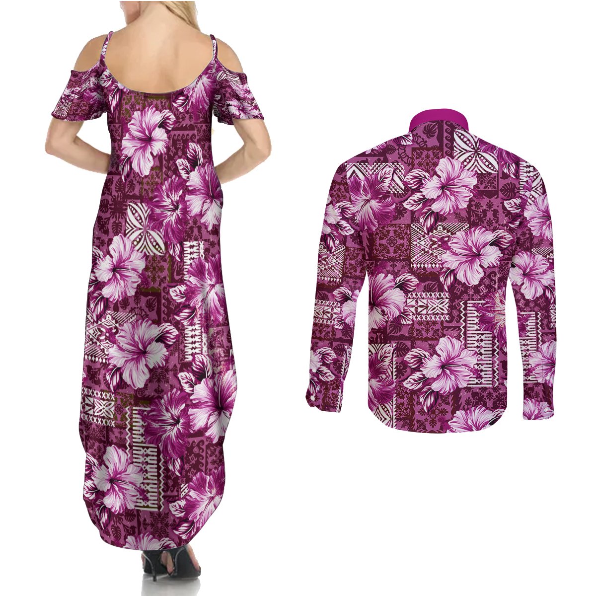 Hawaiian Quilt Pattern Couples Matching Summer Maxi Dress and Long Sleeve Button Shirt Hibiscus and Tribal Element Vintage Pink Vibe LT03 - Polynesian Pride