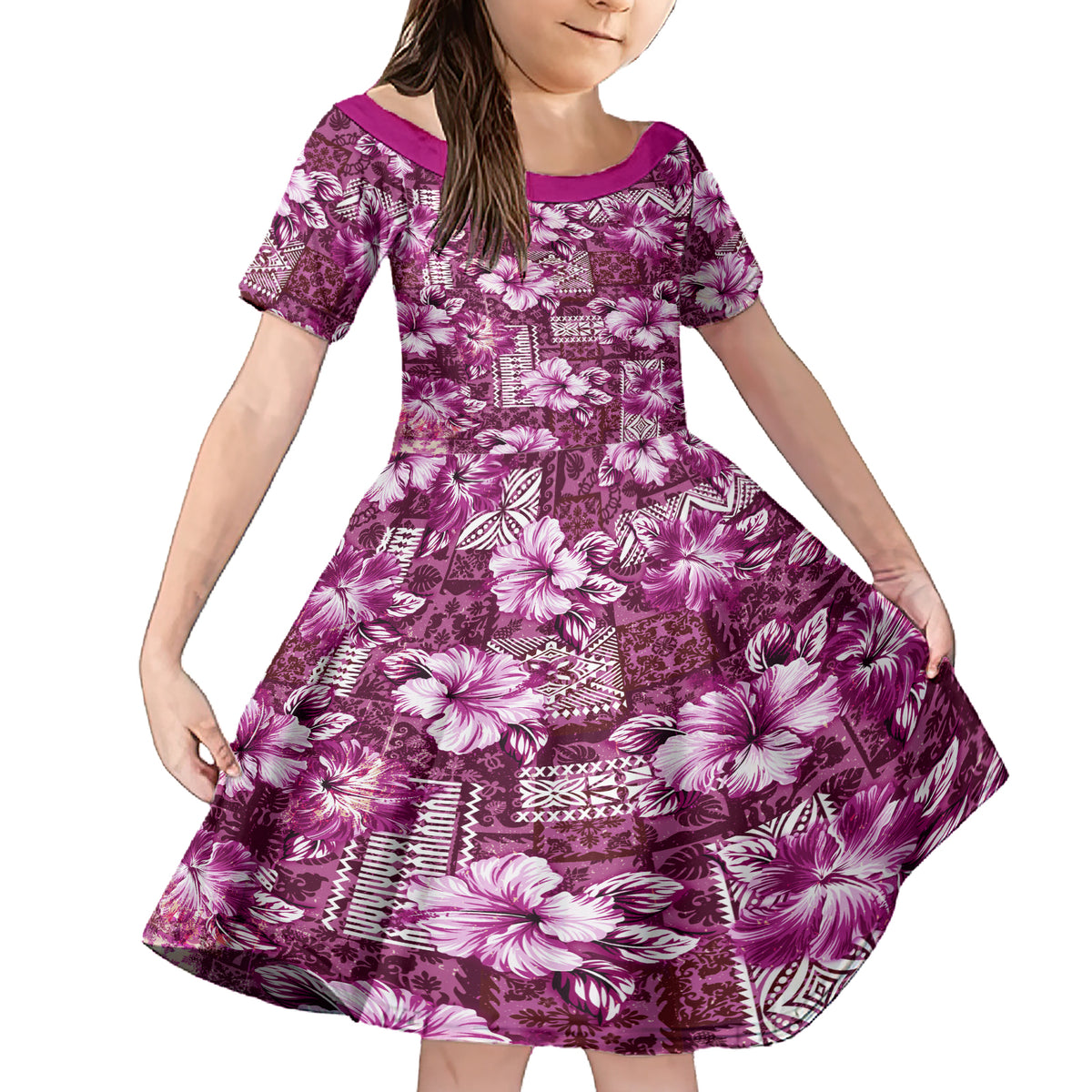 Hawaiian Quilt Pattern Family Matching Short Sleeve Bodycon Dress and Hawaiian Shirt Hibiscus and Tribal Element Vintage Pink Vibe LT03 Daughter's Dress Pink - Polynesian Pride