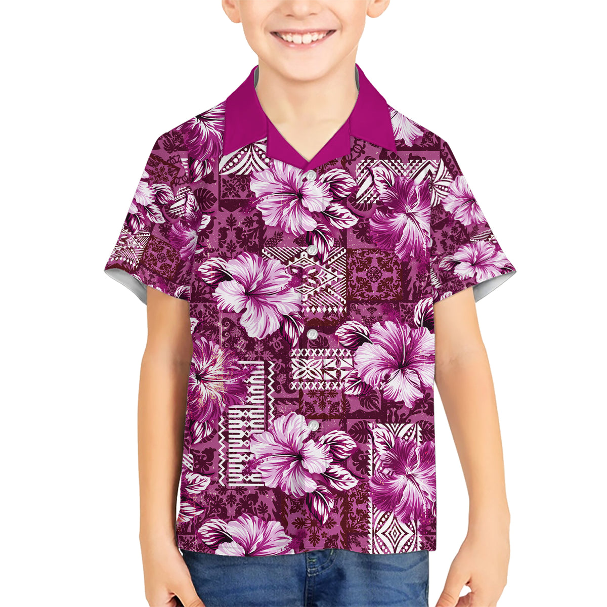 Hawaiian Quilt Pattern Family Matching Short Sleeve Bodycon Dress and Hawaiian Shirt Hibiscus and Tribal Element Vintage Pink Vibe LT03 Son's Shirt Pink - Polynesian Pride