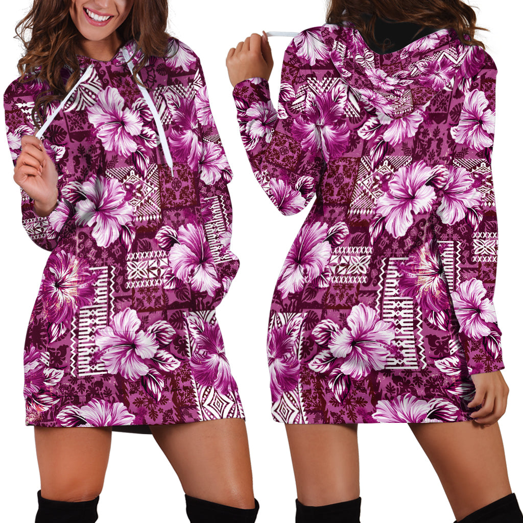 Hawaiian Quilt Pattern Hoodie Dress Hibiscus and Tribal Element Vintage Pink Vibe LT03 - Polynesian Pride