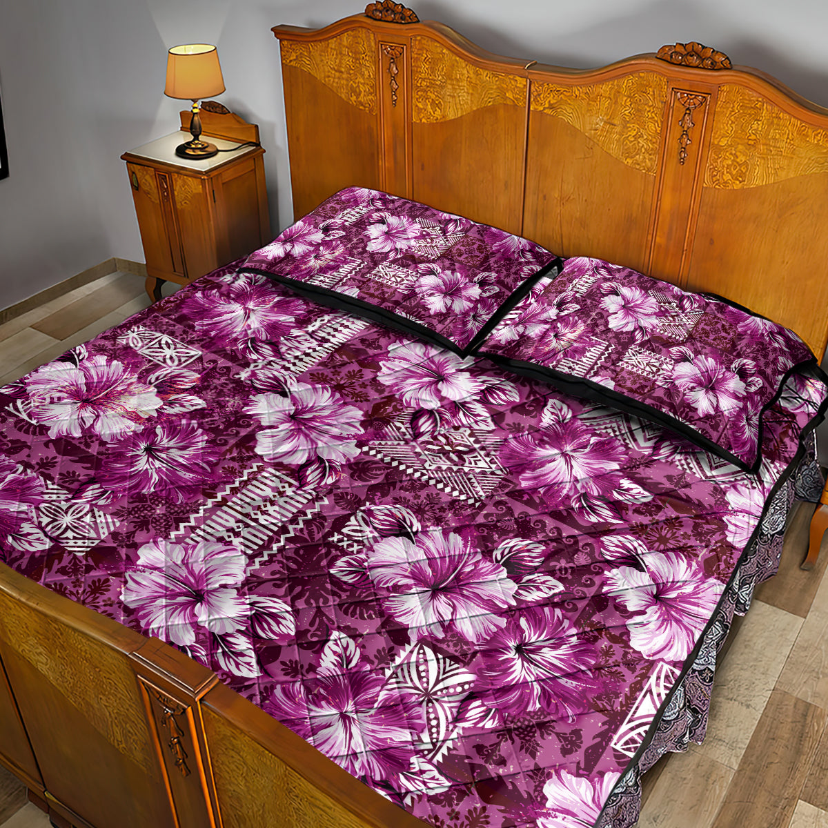 Hawaiian Quilt Pattern Quilt Bed Set Hibiscus and Tribal Element Vintage Pink Vibe LT03 - Polynesian Pride