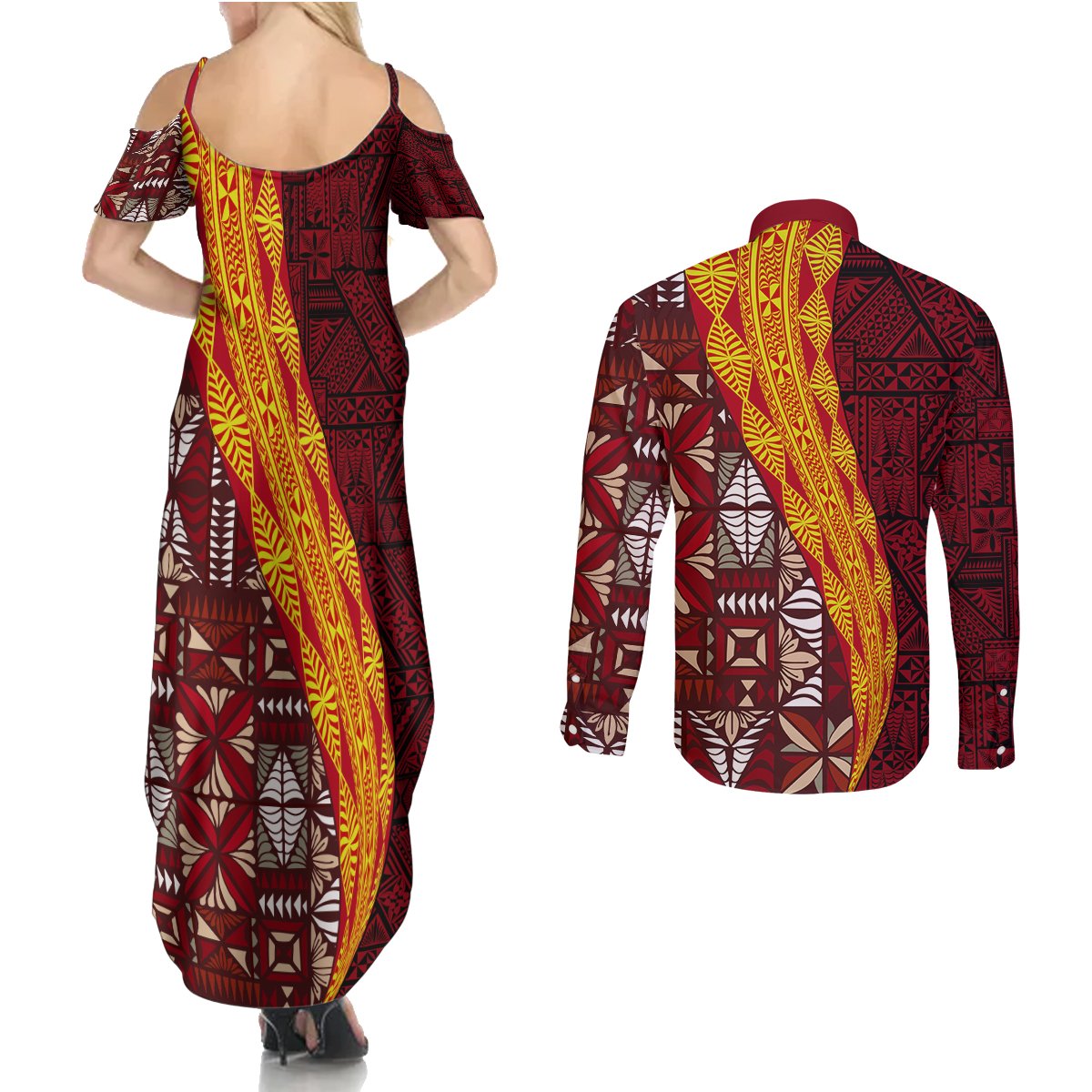 Tonga Feletoa Kupesi Fakatonga Couples Matching Summer Maxi Dress and Long Sleeve Button Shirt LT03 - Polynesian Pride