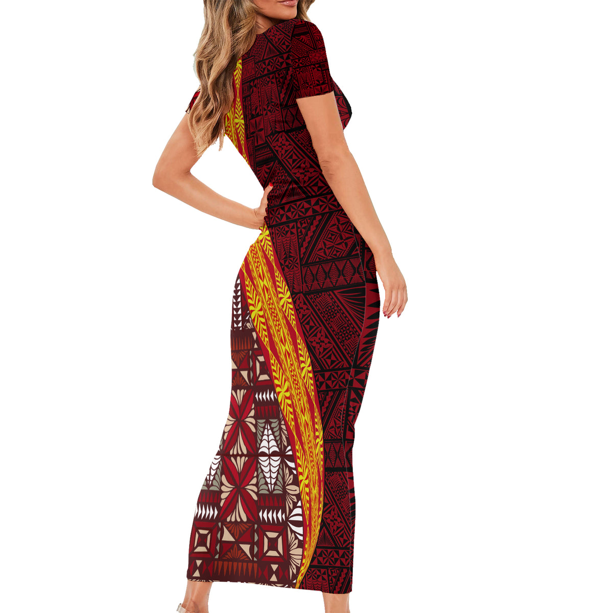 Tonga Feletoa Kupesi Fakatonga Short Sleeve Bodycon Dress LT03 - Polynesian Pride
