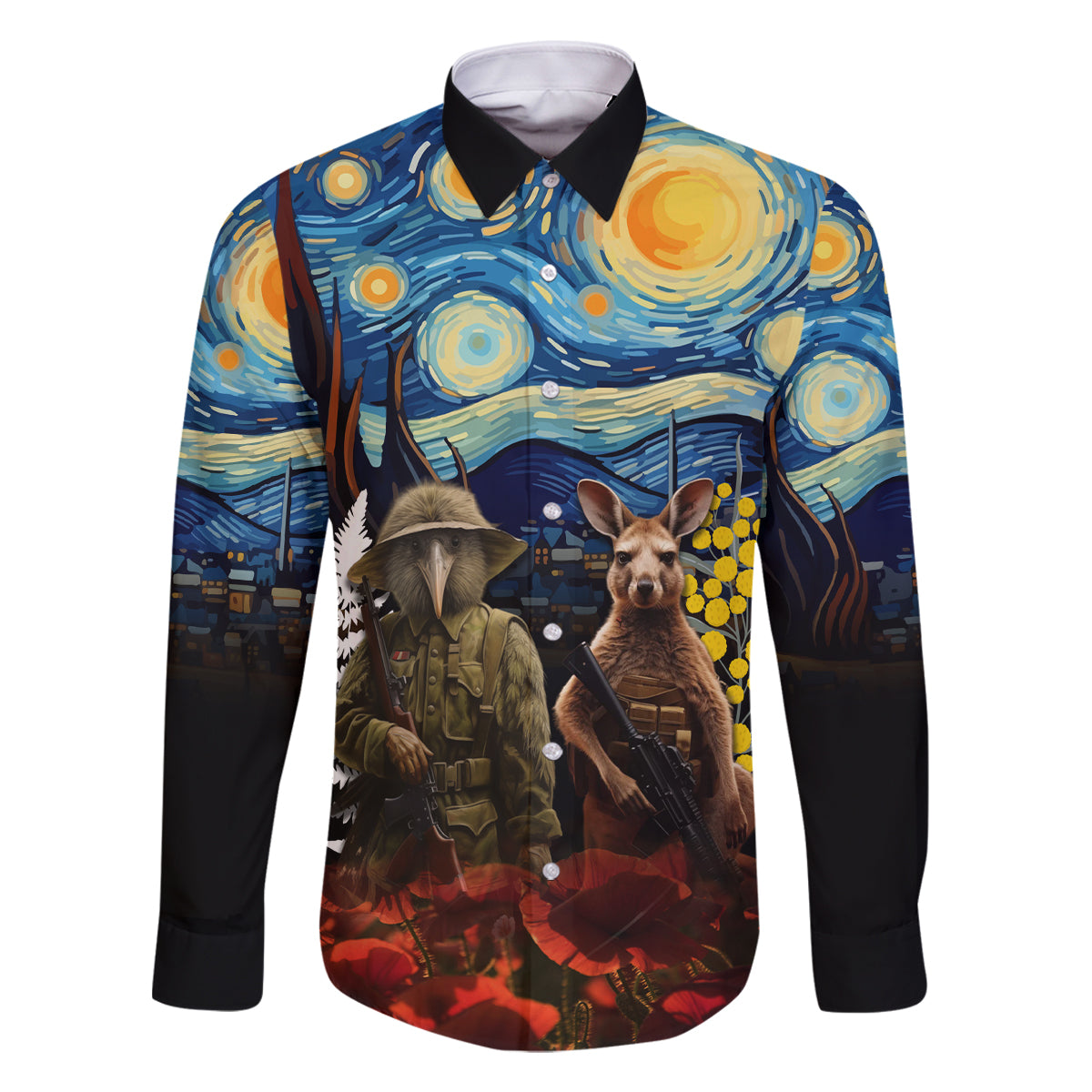 New Zealand and Australia ANZAC Day Family Matching Off Shoulder Maxi Dress and Hawaiian Shirt Kiwi Bird and Kangaroo Soldier Starry Night Style LT03 Dad's Shirt - Long Sleeve Black - Polynesian Pride