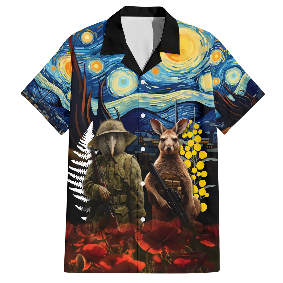 New Zealand and Australia ANZAC Day Family Matching Short Sleeve Bodycon Dress and Hawaiian Shirt Kiwi Bird and Kangaroo Soldier Starry Night Style LT03 Dad's Shirt - Short Sleeve Black - Polynesian Pride