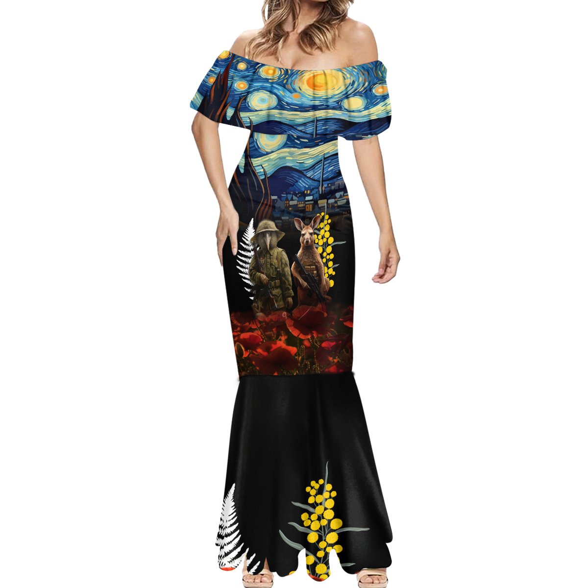 New Zealand and Australia ANZAC Day Mermaid Dress Kiwi Bird and Kangaroo Soldier Starry Night Style LT03 - Polynesian Pride