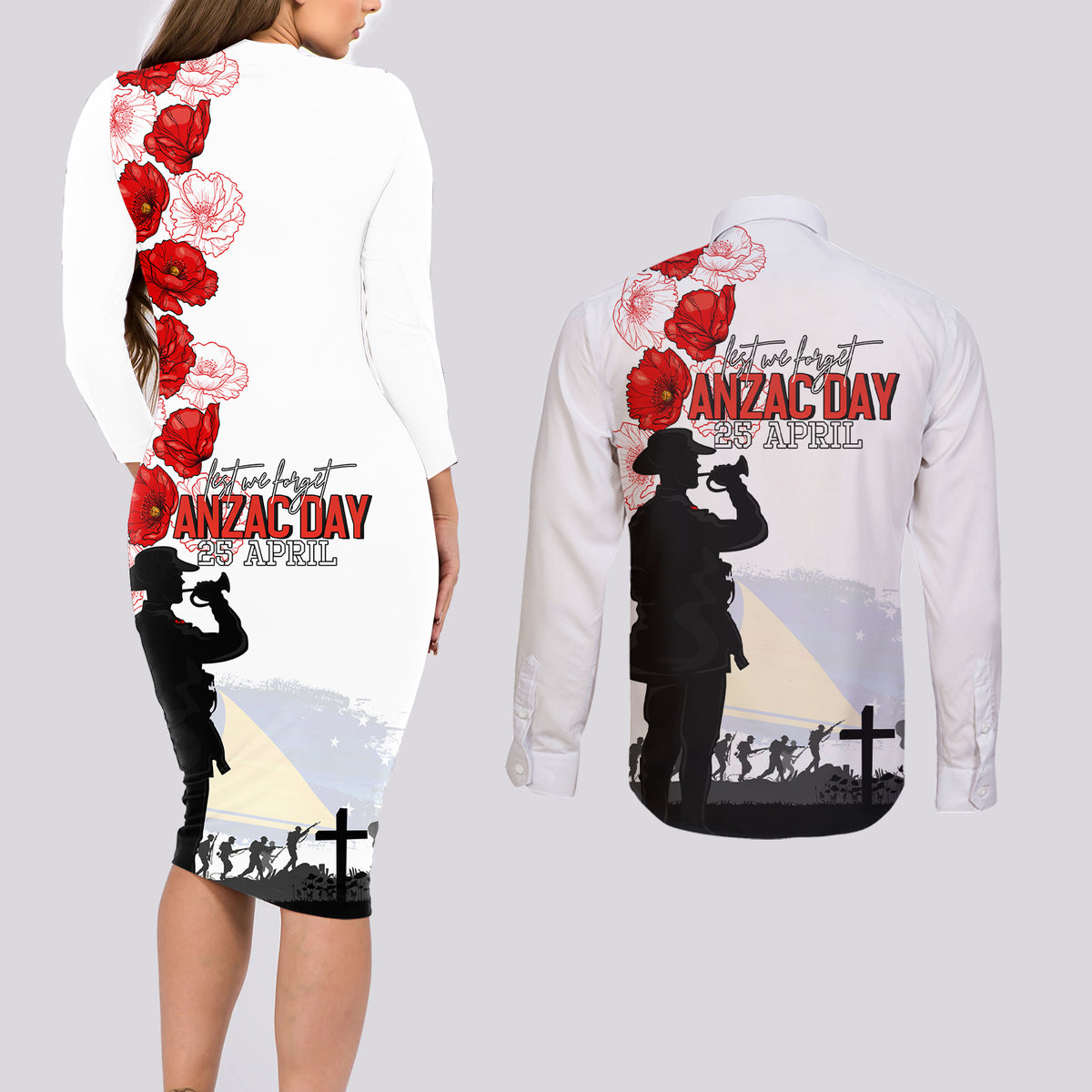 Tokelau ANZAC Day Couples Matching Long Sleeve Bodycon Dress and Long Sleeve Button Shirt Lest We Forget Red Poppy Flowers and Soldier LT03 - Polynesian Pride