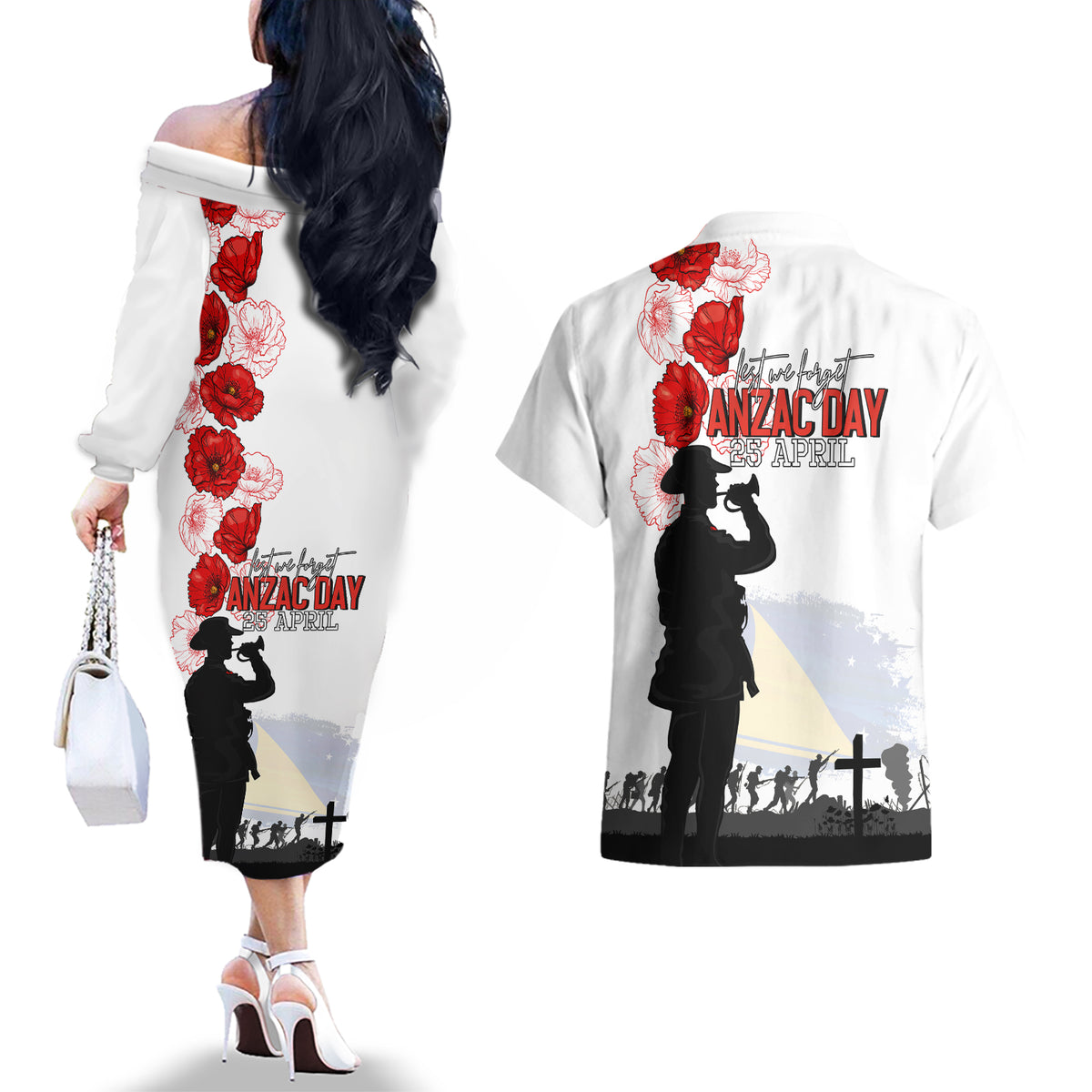 Tokelau ANZAC Day Couples Matching Off The Shoulder Long Sleeve Dress and Hawaiian Shirt Lest We Forget Red Poppy Flowers and Soldier LT03 - Polynesian Pride