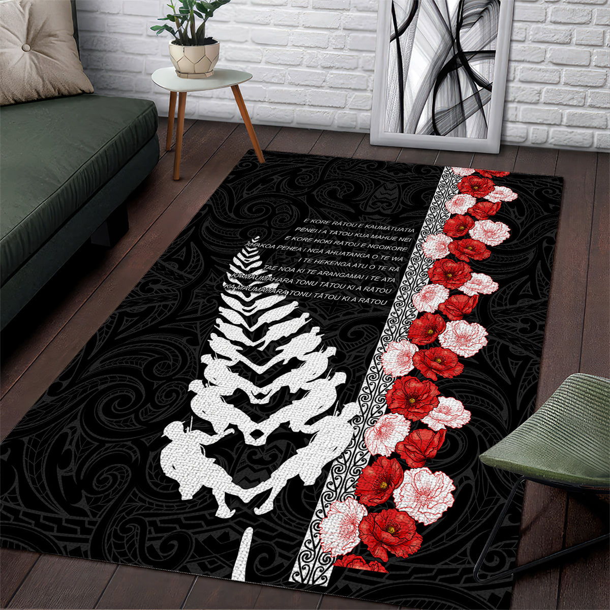 New Zealand ANZAC Day Area Rug Soldier Silver Fern with Red Poppies Flower Maori Style LT03 Black - Polynesian Pride