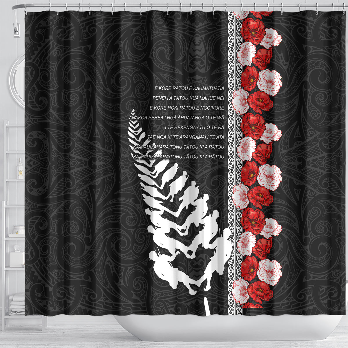 New Zealand ANZAC Day Shower Curtain Soldier Silver Fern with Red Poppies Flower Maori Style LT03 - Polynesian Pride