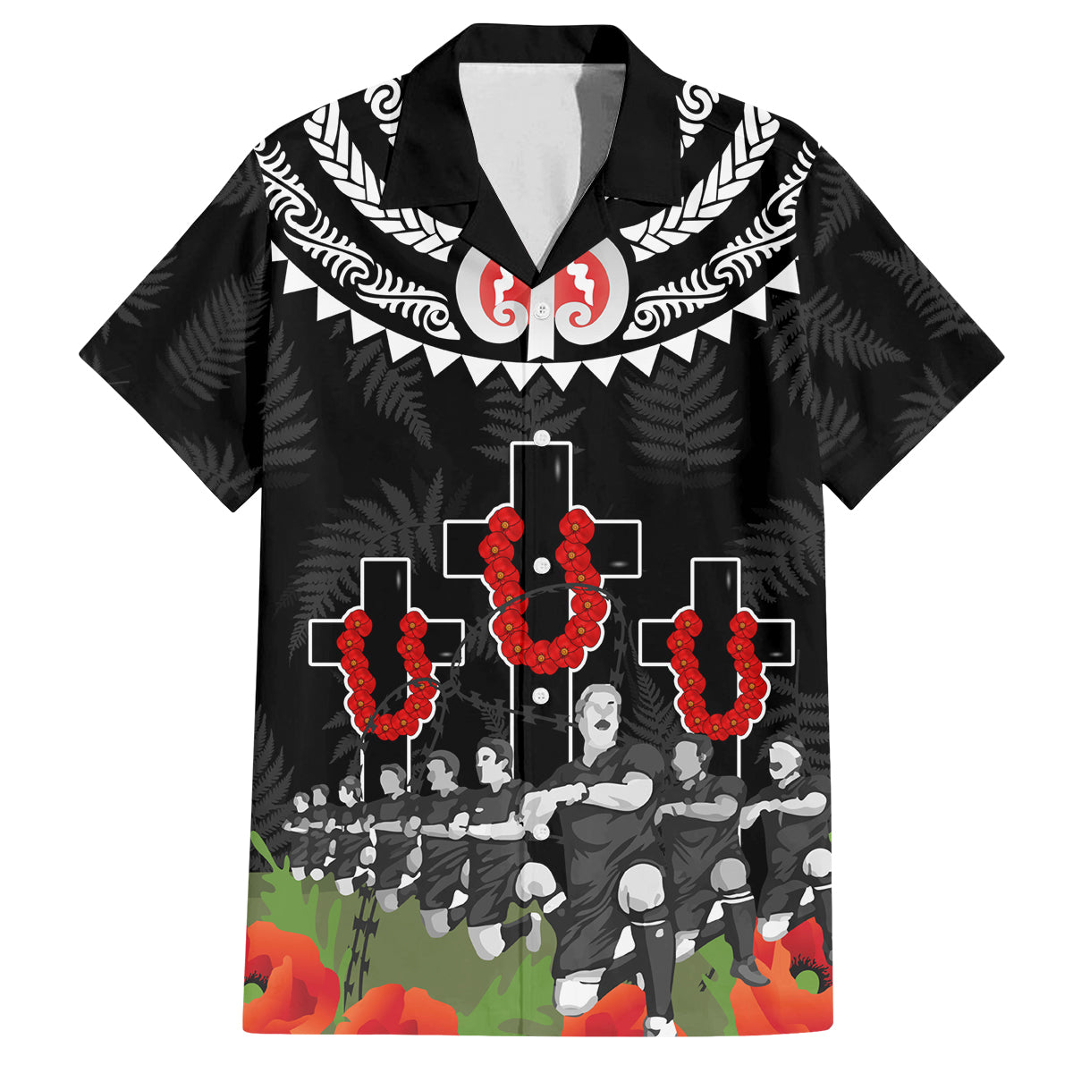New Zealand ANZAC Day Family Matching Off Shoulder Short Dress and Hawaiian Shirt Lest We Forget Haka Dance Respect LT03 Dad's Shirt - Short Sleeve Black - Polynesian Pride