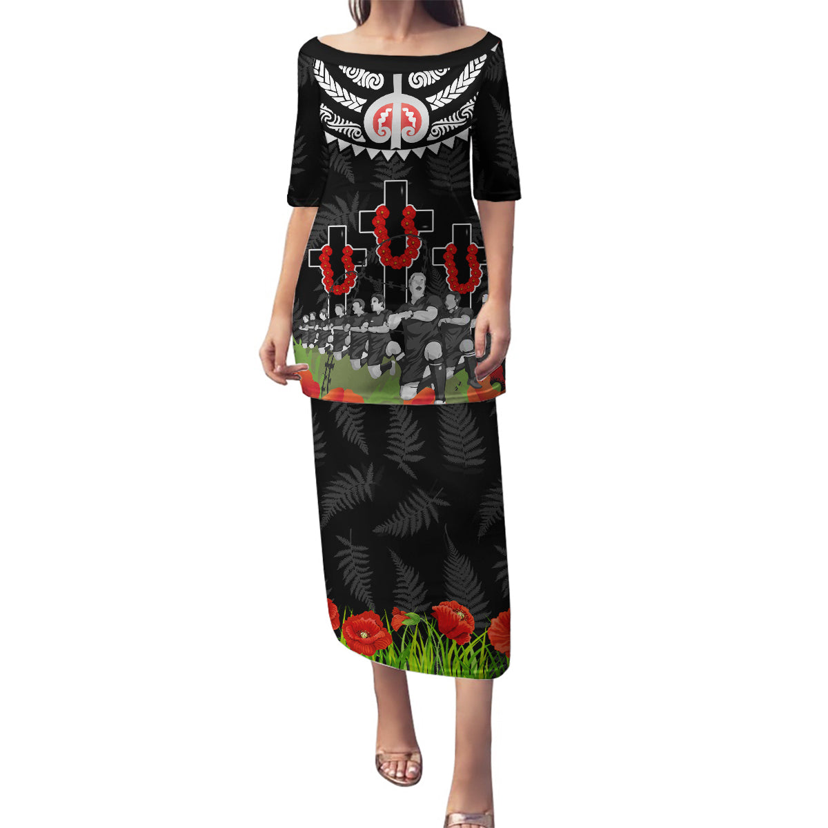 New Zealand ANZAC Day Family Matching Puletasi and Hawaiian Shirt Lest We Forget Haka Dance Respect LT03 Mom's Dress Black - Polynesian Pride