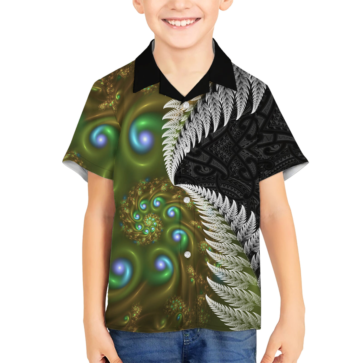 New Zealand Family Matching Short Sleeve Bodycon Dress and Hawaiian Shirt Koru Abstract Art and Silver Fern Maori Pattern LT03 Son's Shirt Green - Polynesian Pride