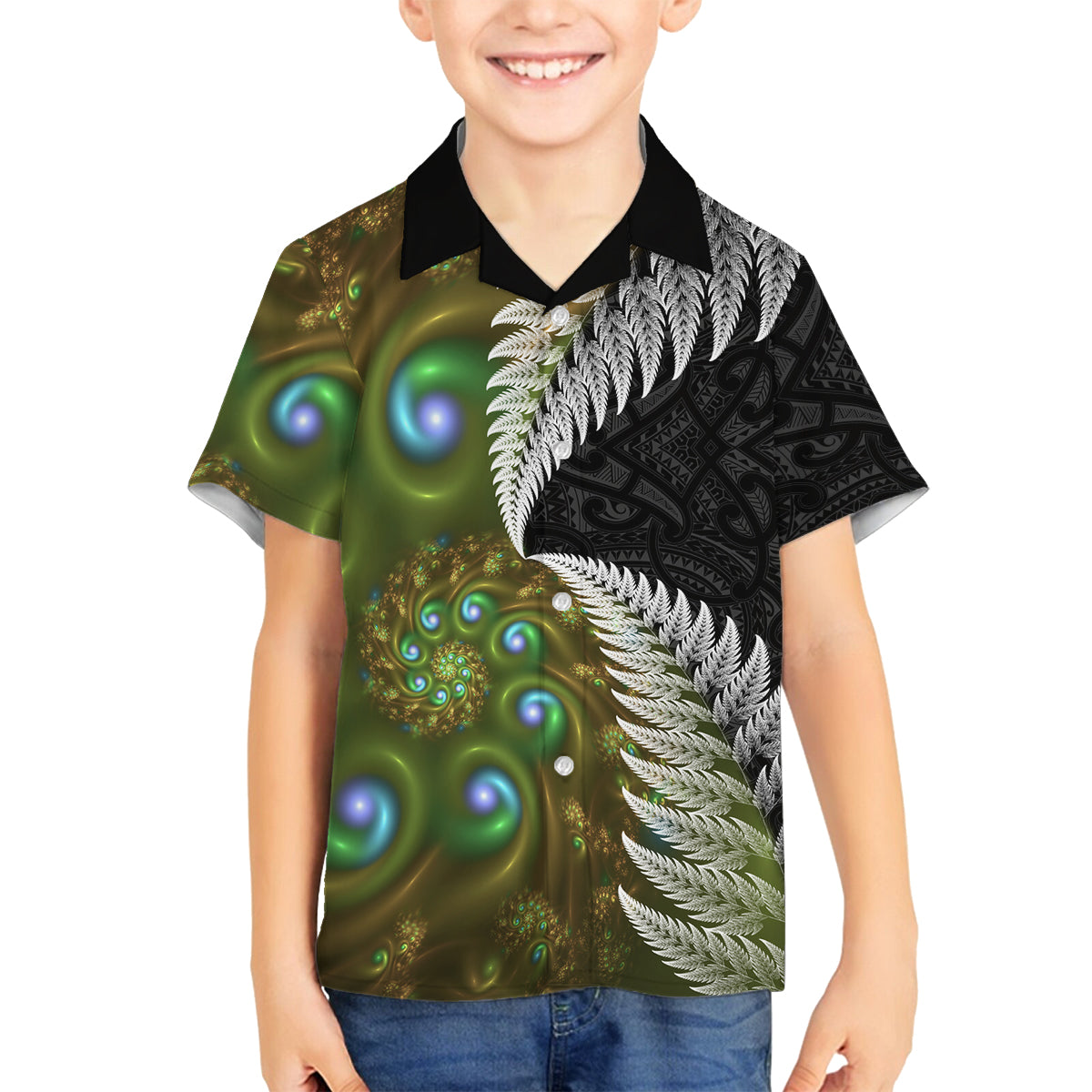 New Zealand Family Matching Summer Maxi Dress and Hawaiian Shirt Koru Abstract Art and Silver Fern Maori Pattern LT03 Son's Shirt Green - Polynesian Pride