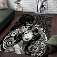 Custom New Zealand Women's Day Area Rug Maori Tribal Girl and Silver Fern Pattern LT03 Black - Polynesian Pride