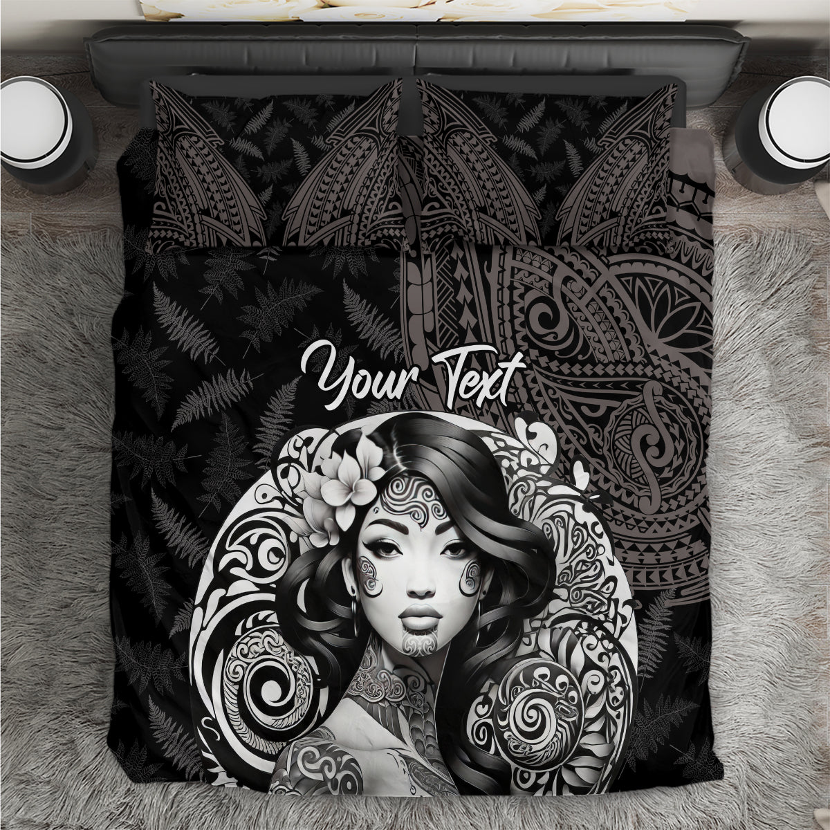 Custom New Zealand Women's Day Bedding Set Maori Tribal Girl and Silver Fern Pattern LT03 Black - Polynesian Pride