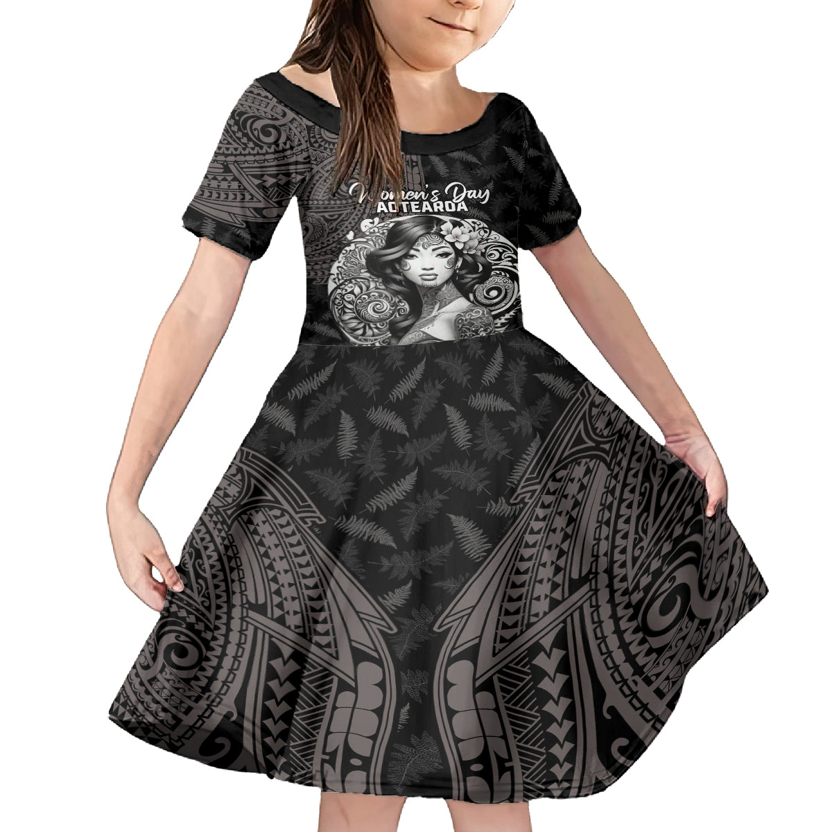 Custom New Zealand Women's Day Family Matching Long Sleeve Bodycon Dress and Hawaiian Shirt Maori Tribal Girl and Silver Fern Pattern LT03 Daughter's Dress Black - Polynesian Pride