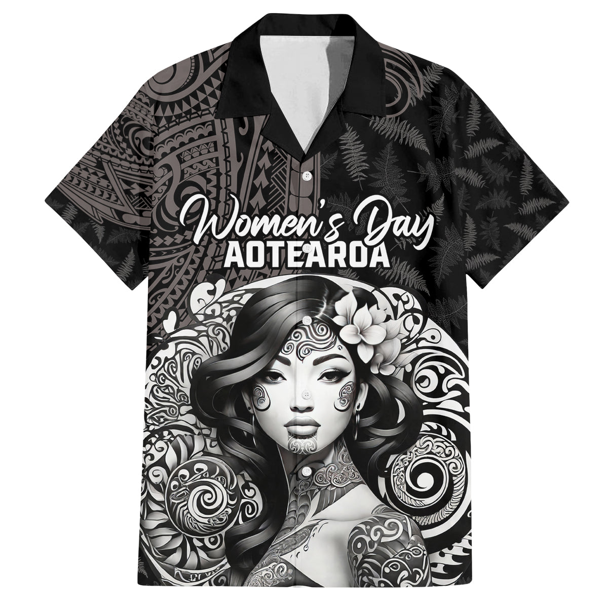 Custom New Zealand Women's Day Family Matching Off Shoulder Maxi Dress and Hawaiian Shirt Maori Tribal Girl and Silver Fern Pattern LT03 Dad's Shirt - Short Sleeve Black - Polynesian Pride