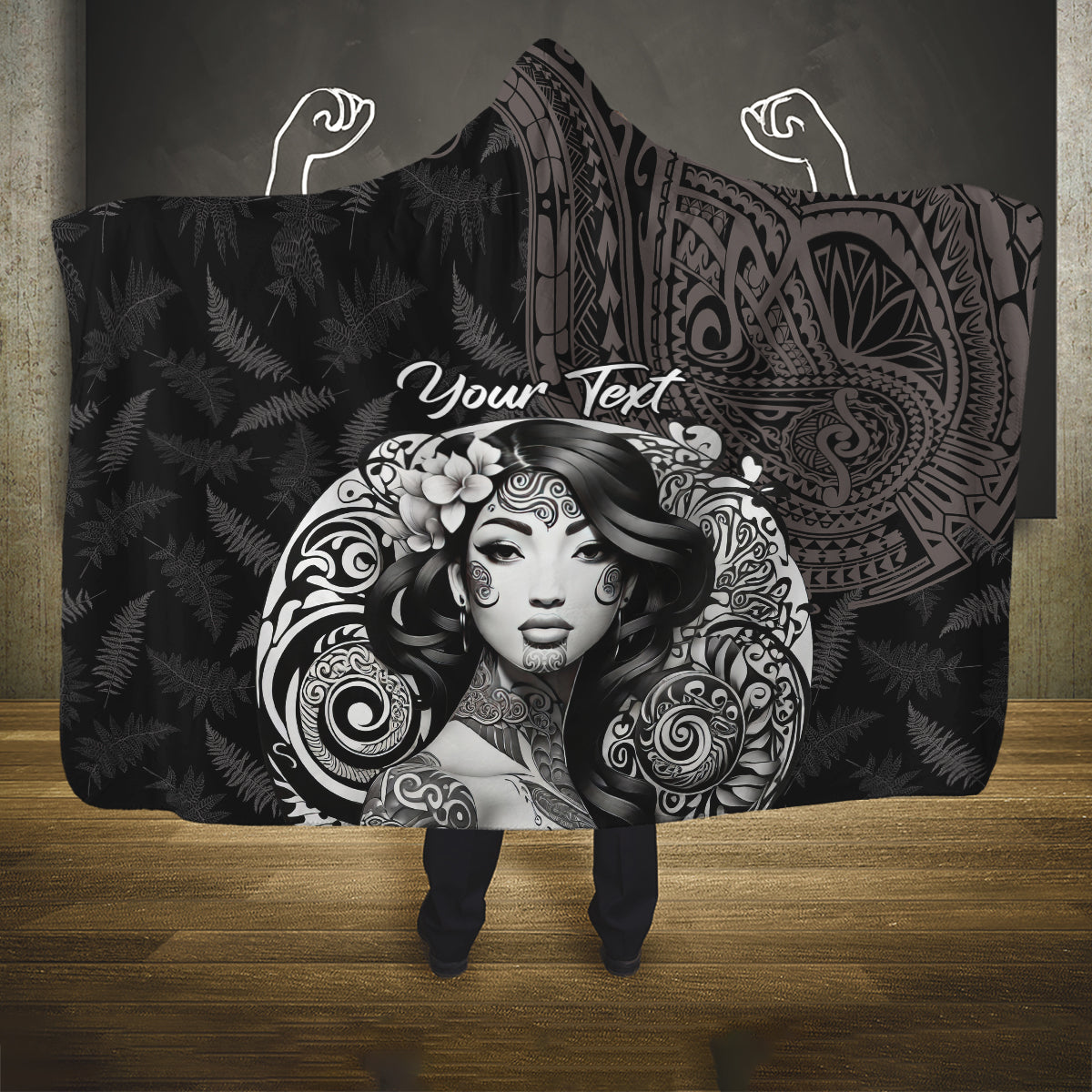 Custom New Zealand Women's Day Hooded Blanket Maori Tribal Girl and Silver Fern Pattern LT03 One Size Black - Polynesian Pride