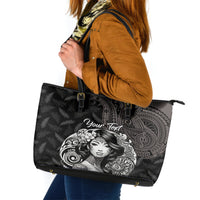 Custom New Zealand Women's Day Leather Tote Bag Maori Tribal Girl and Silver Fern Pattern LT03 Black - Polynesian Pride
