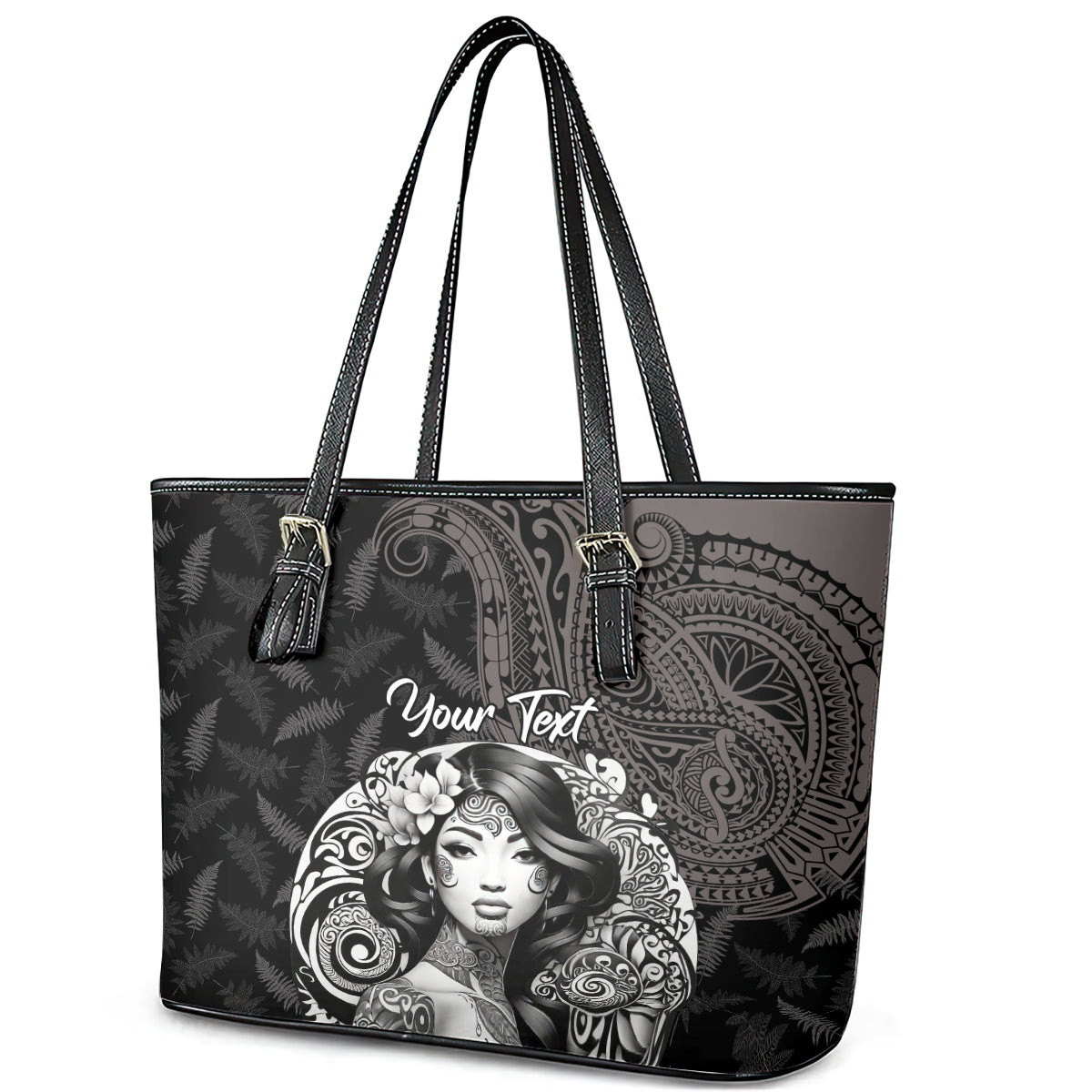 Custom New Zealand Women's Day Leather Tote Bag Maori Tribal Girl and Silver Fern Pattern LT03 - Polynesian Pride
