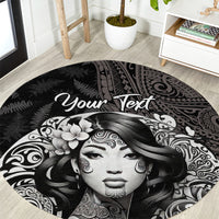Custom New Zealand Women's Day Round Carpet Maori Tribal Girl and Silver Fern Pattern LT03 Black - Polynesian Pride