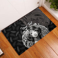 Custom New Zealand Women's Day Rubber Doormat Maori Tribal Girl and Silver Fern Pattern LT03 Black - Polynesian Pride