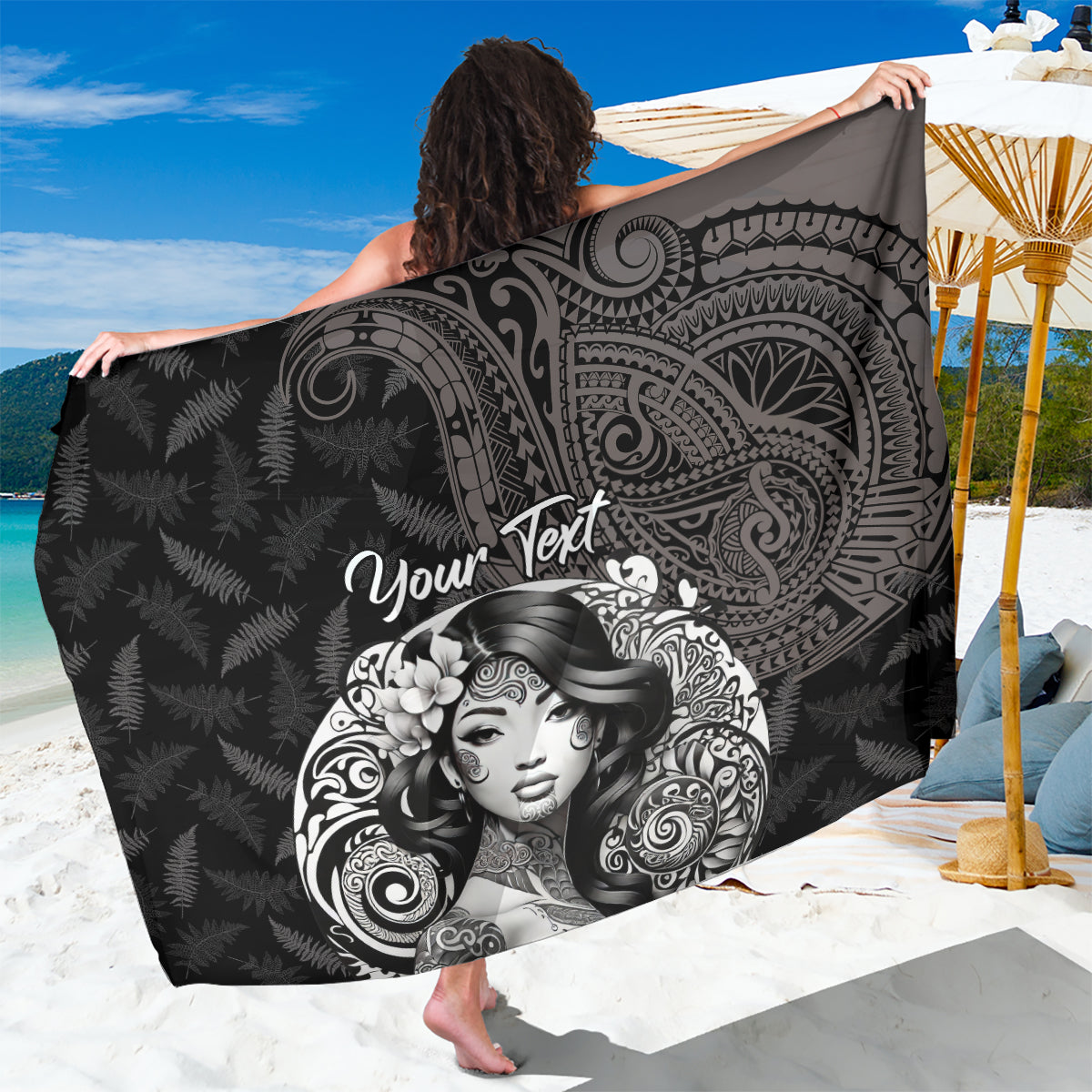 Custom New Zealand Women's Day Sarong Maori Tribal Girl and Silver Fern Pattern LT03 One Size 44 x 66 inches Black - Polynesian Pride