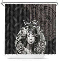 Custom New Zealand Women's Day Shower Curtain Maori Tribal Girl and Silver Fern Pattern LT03 Black - Polynesian Pride