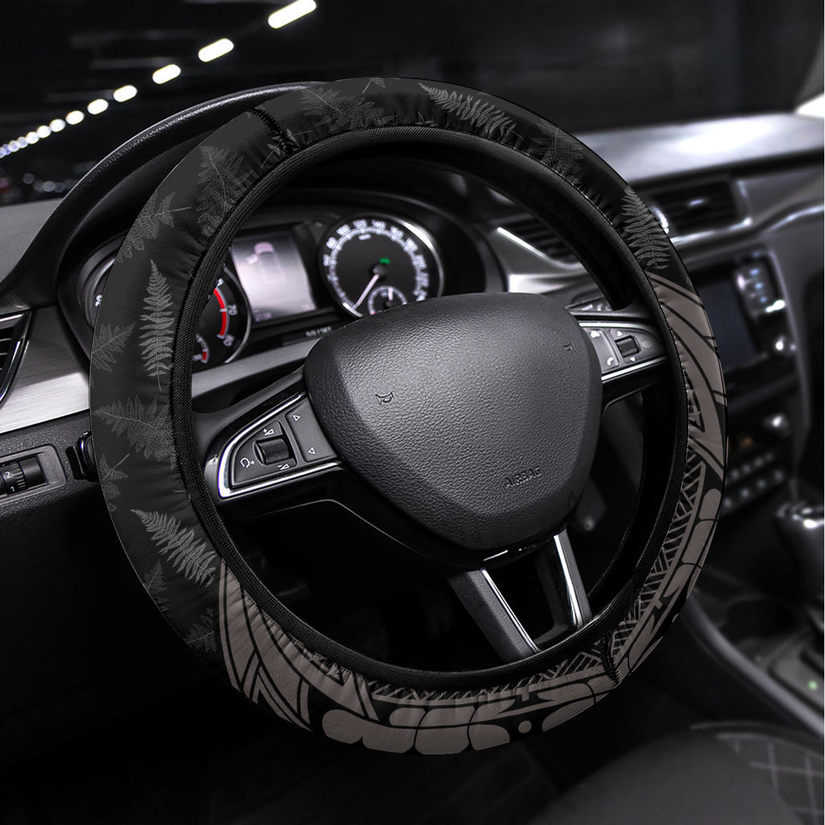 New Zealand Women's Day Steering Wheel Cover Maori Tribal Girl and Silver Fern Pattern LT03 Universal Fit Black - Polynesian Pride