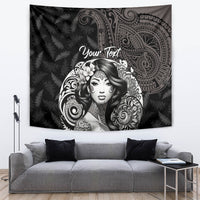 Custom New Zealand Women's Day Tapestry Maori Tribal Girl and Silver Fern Pattern LT03 Black - Polynesian Pride