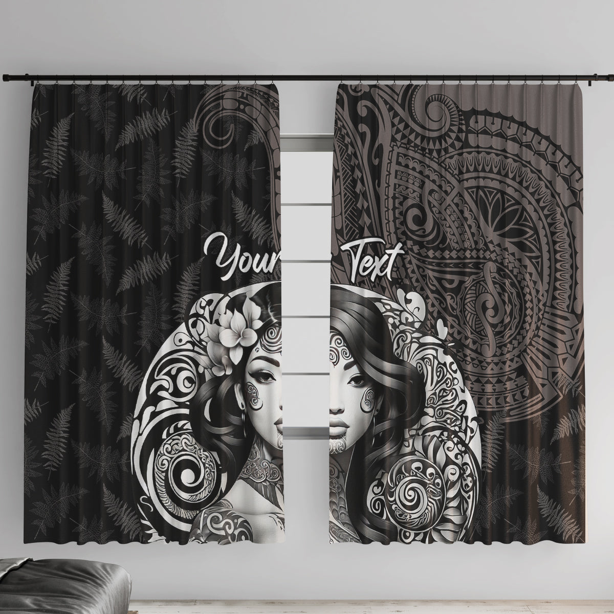 Custom New Zealand Women's Day Window Curtain Maori Tribal Girl and Silver Fern Pattern LT03 With Hooks Black - Polynesian Pride