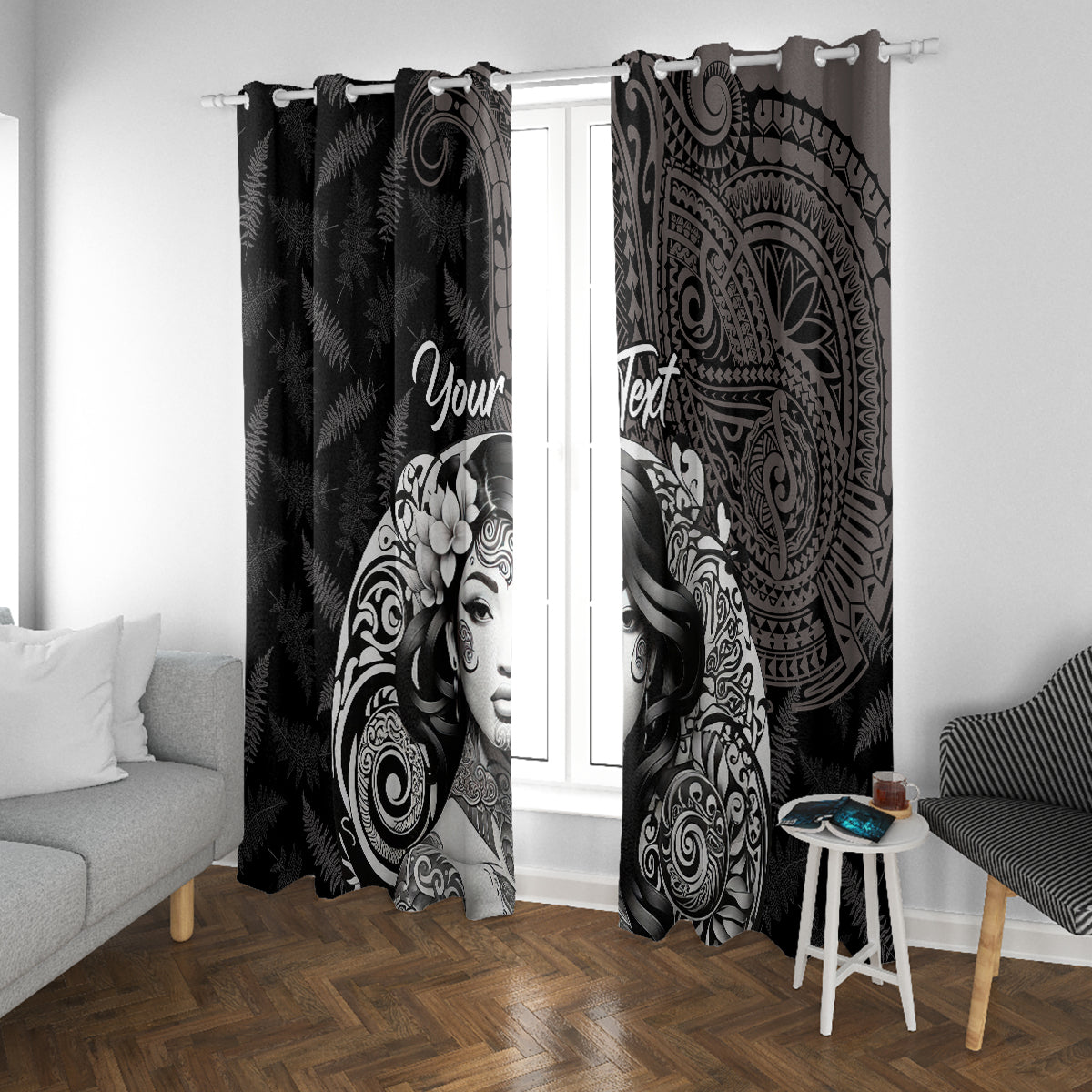 Custom New Zealand Women's Day Window Curtain Maori Tribal Girl and Silver Fern Pattern LT03 With Grommets Black - Polynesian Pride
