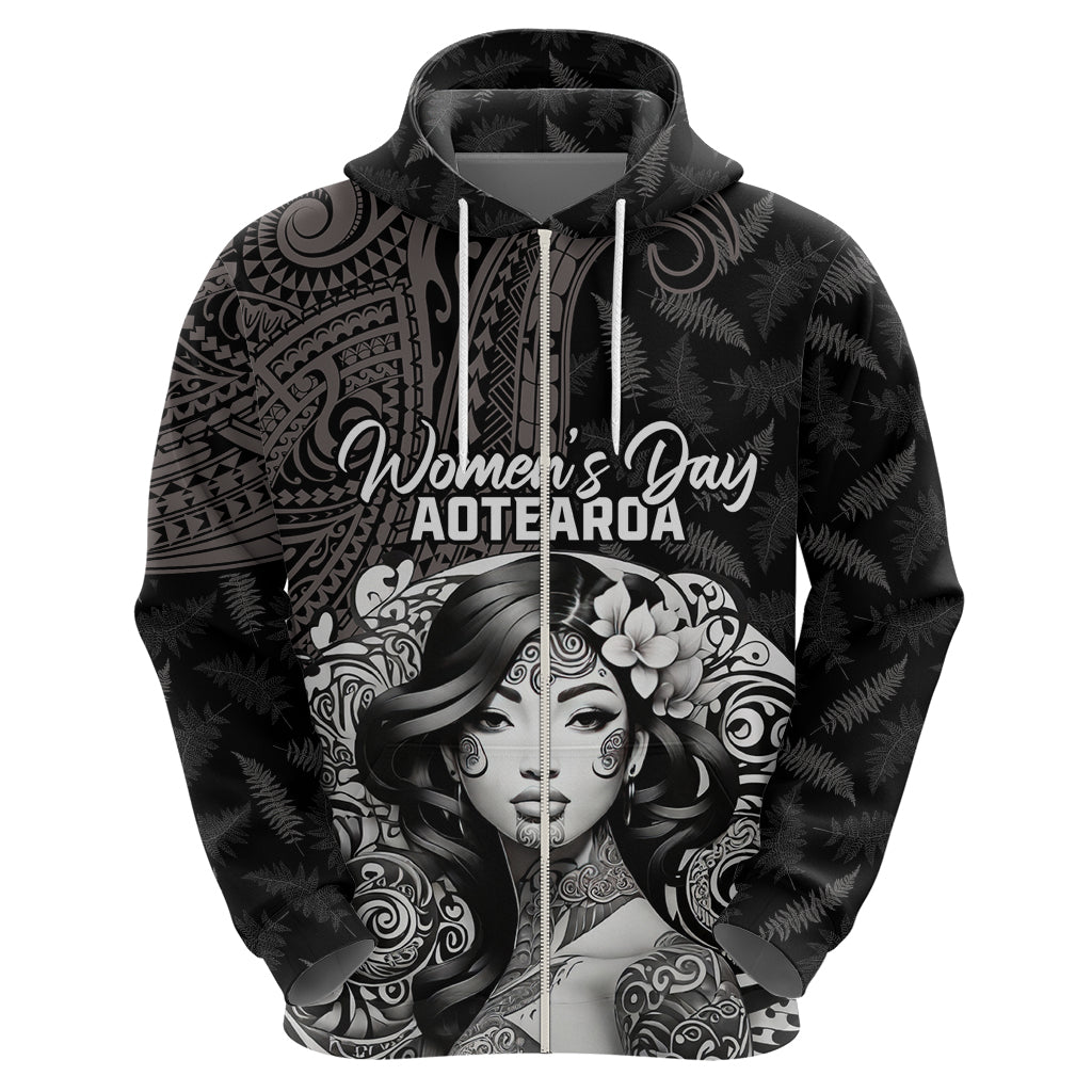 Custom New Zealand Women's Day Zip Hoodie Maori Tribal Girl and Silver Fern Pattern LT03 - Polynesian Pride