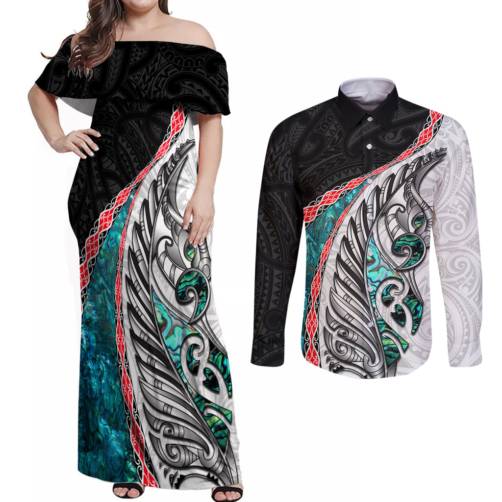 New Zealand Couples Matching Off Shoulder Maxi Dress and Long Sleeve Button Shirt Manaia Fern and Koru Maori Pattern LT03 Black - Polynesian Pride
