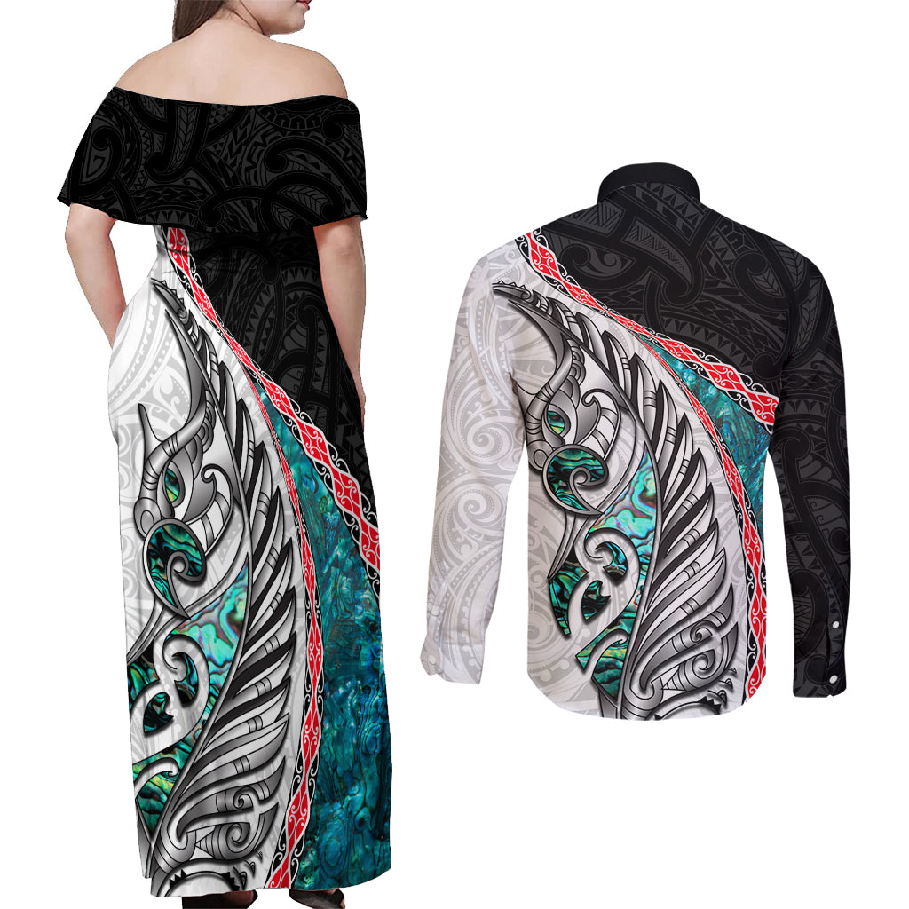 New Zealand Couples Matching Off Shoulder Maxi Dress and Long Sleeve Button Shirt Manaia Fern and Koru Maori Pattern LT03 - Polynesian Pride