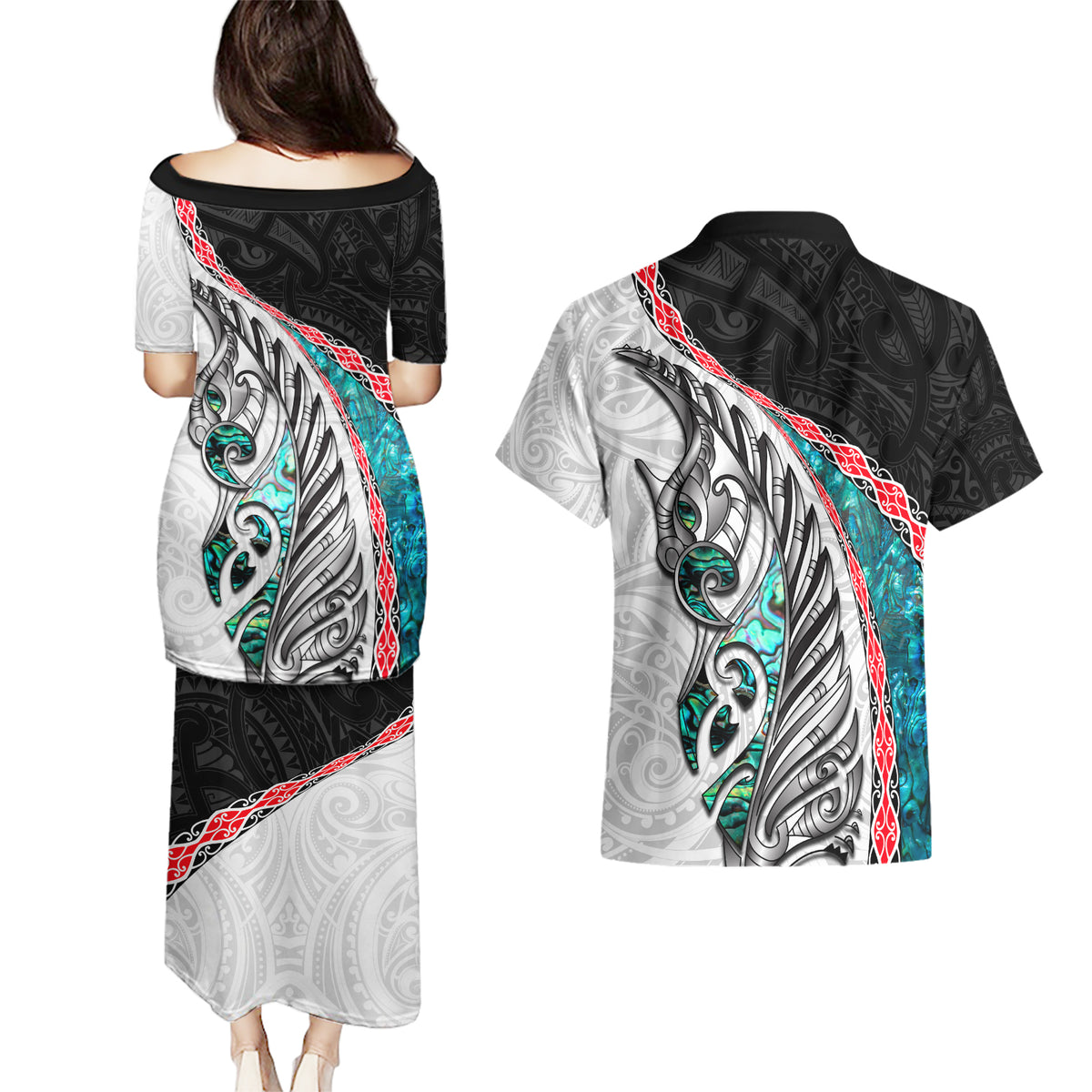 New Zealand Couples Matching Puletasi and Hawaiian Shirt Manaia Fern and Koru Maori Pattern LT03 - Polynesian Pride