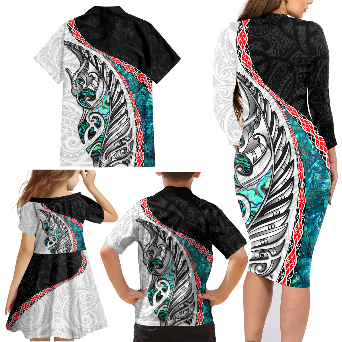 New Zealand Family Matching Long Sleeve Bodycon Dress and Hawaiian Shirt Manaia Fern and Koru Maori Pattern LT03 - Polynesian Pride