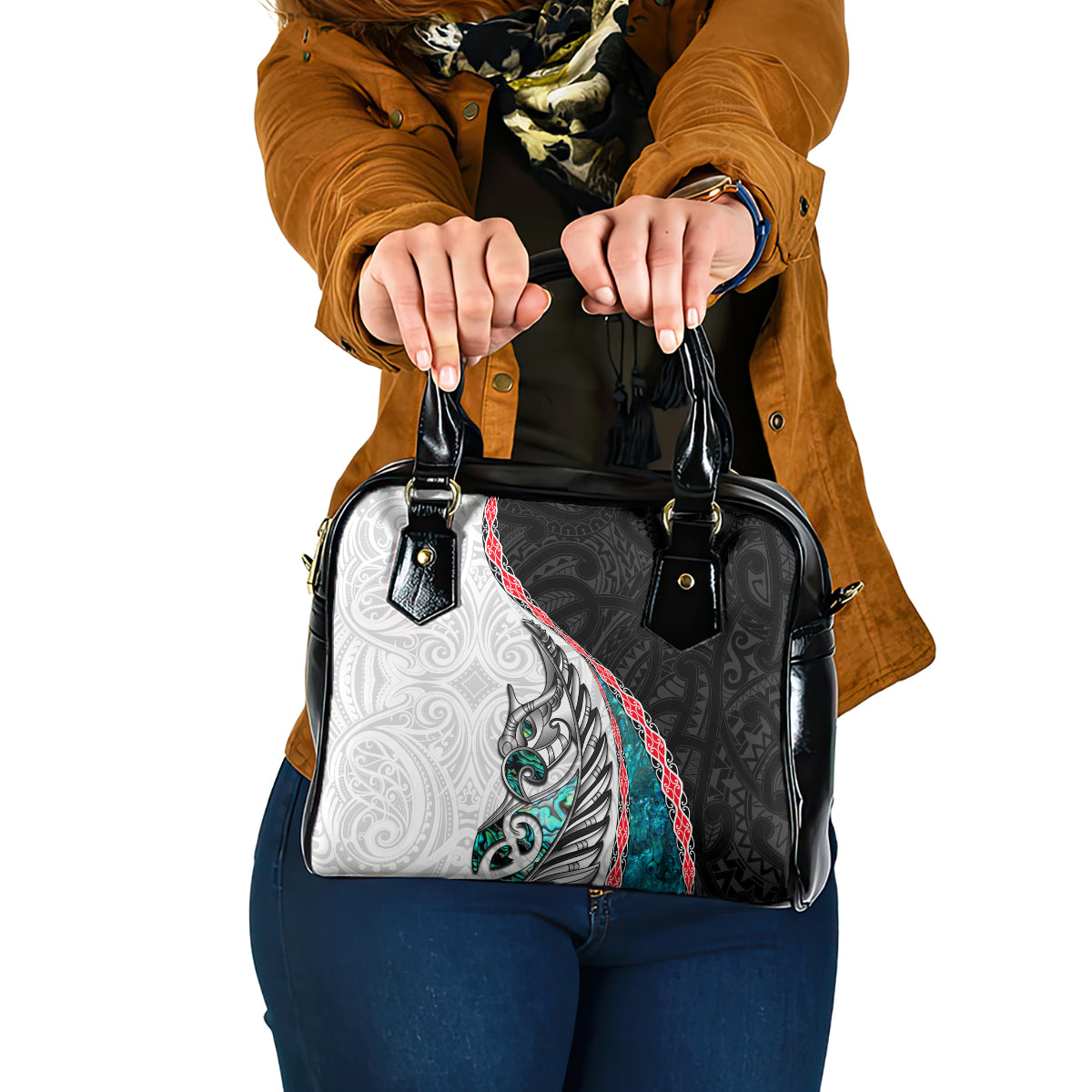 New Zealand Shoulder Handbag Manaia Fern and Koru Maori Pattern LT03 One Size Black - Polynesian Pride