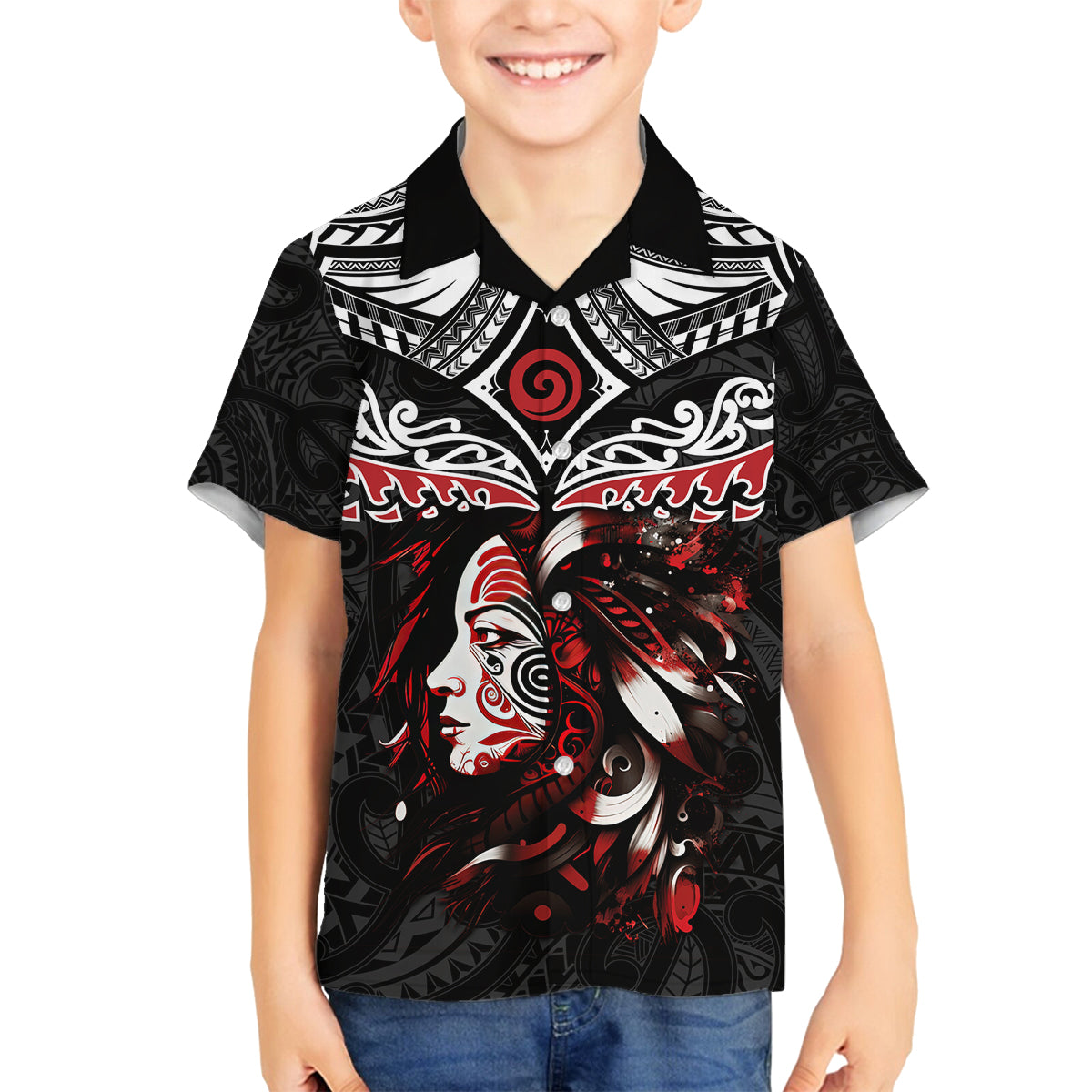 New Zealand Maori Girl Family Matching Off Shoulder Short Dress and Hawaiian Shirt Silver Fern and Koru Pattern LT03 Son's Shirt Black - Polynesian Pride