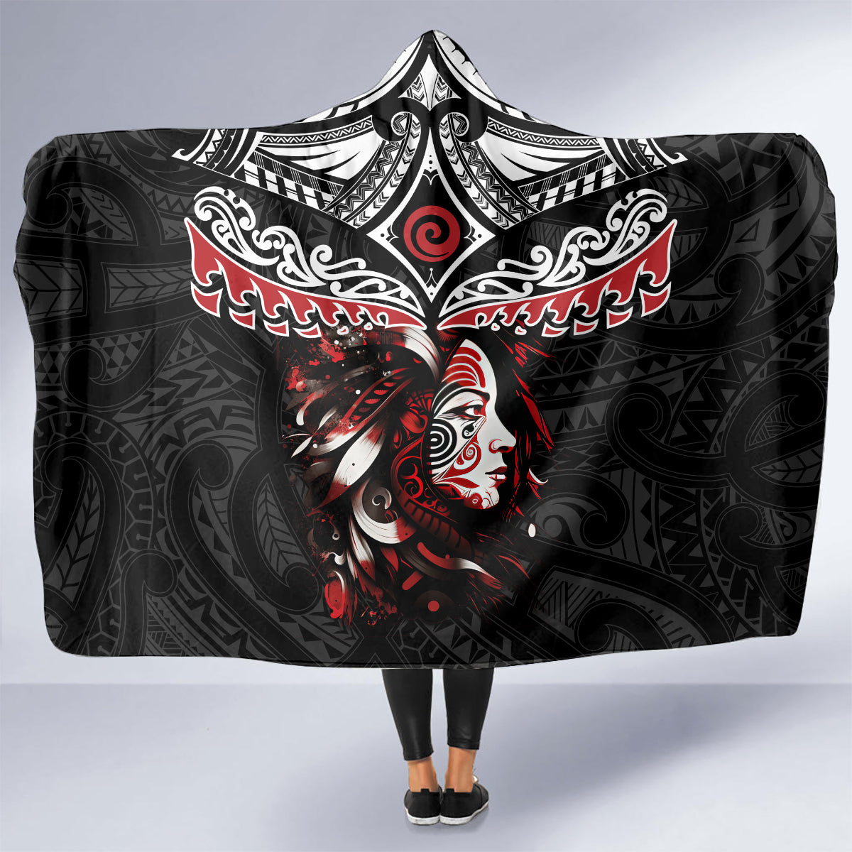New Zealand Maori Girl Hooded Blanket Silver Fern and Koru Pattern LT03 - Polynesian Pride