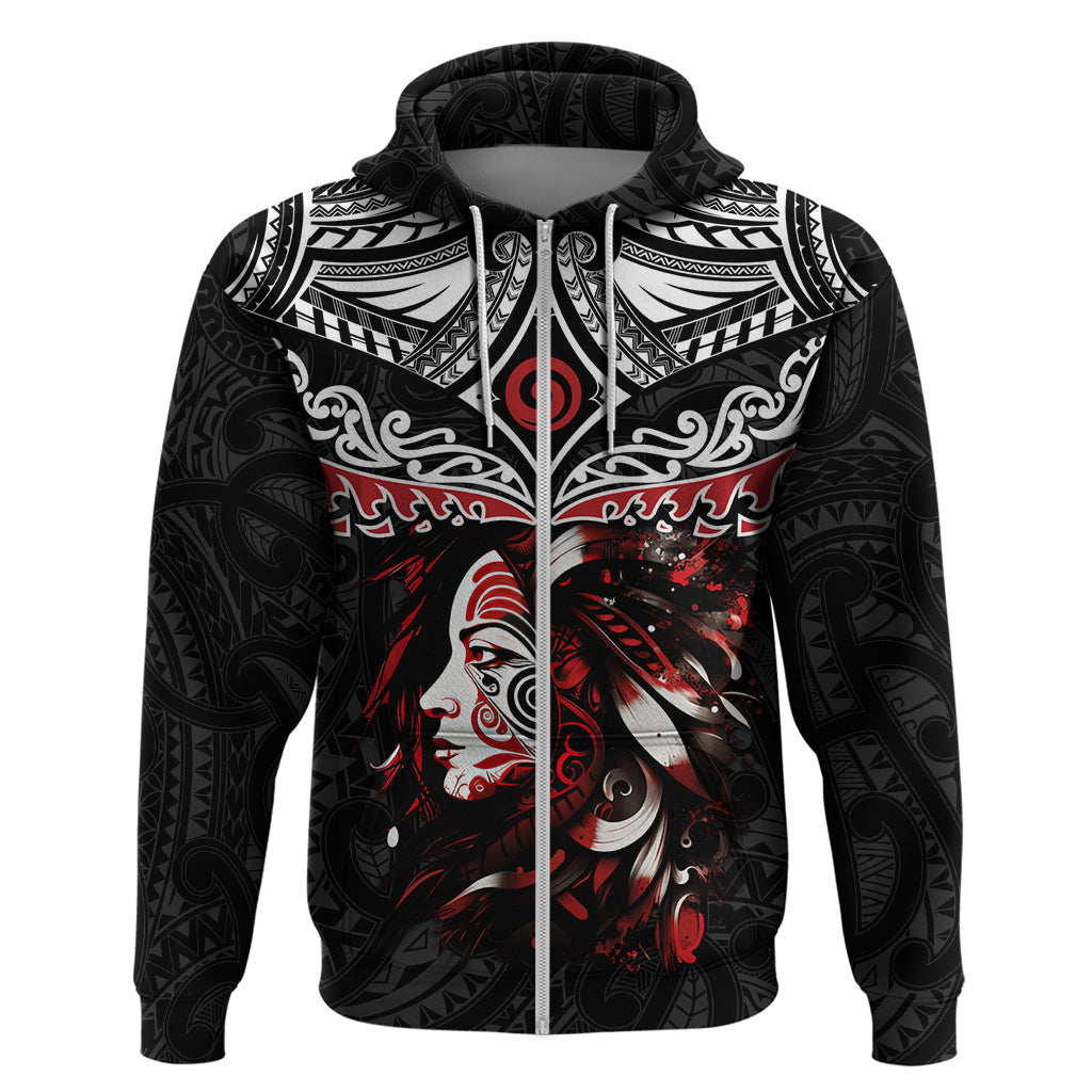 New Zealand Maori Girl Hoodie Silver Fern and Koru Pattern LT03 Zip Hoodie Black - Polynesian Pride