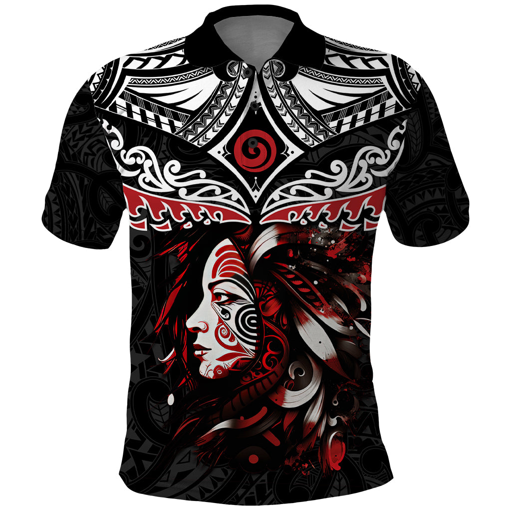 New Zealand Maori Girl Polo Shirt - Silver Fern and Koru Pattern LT03 Black - Polynesian Pride