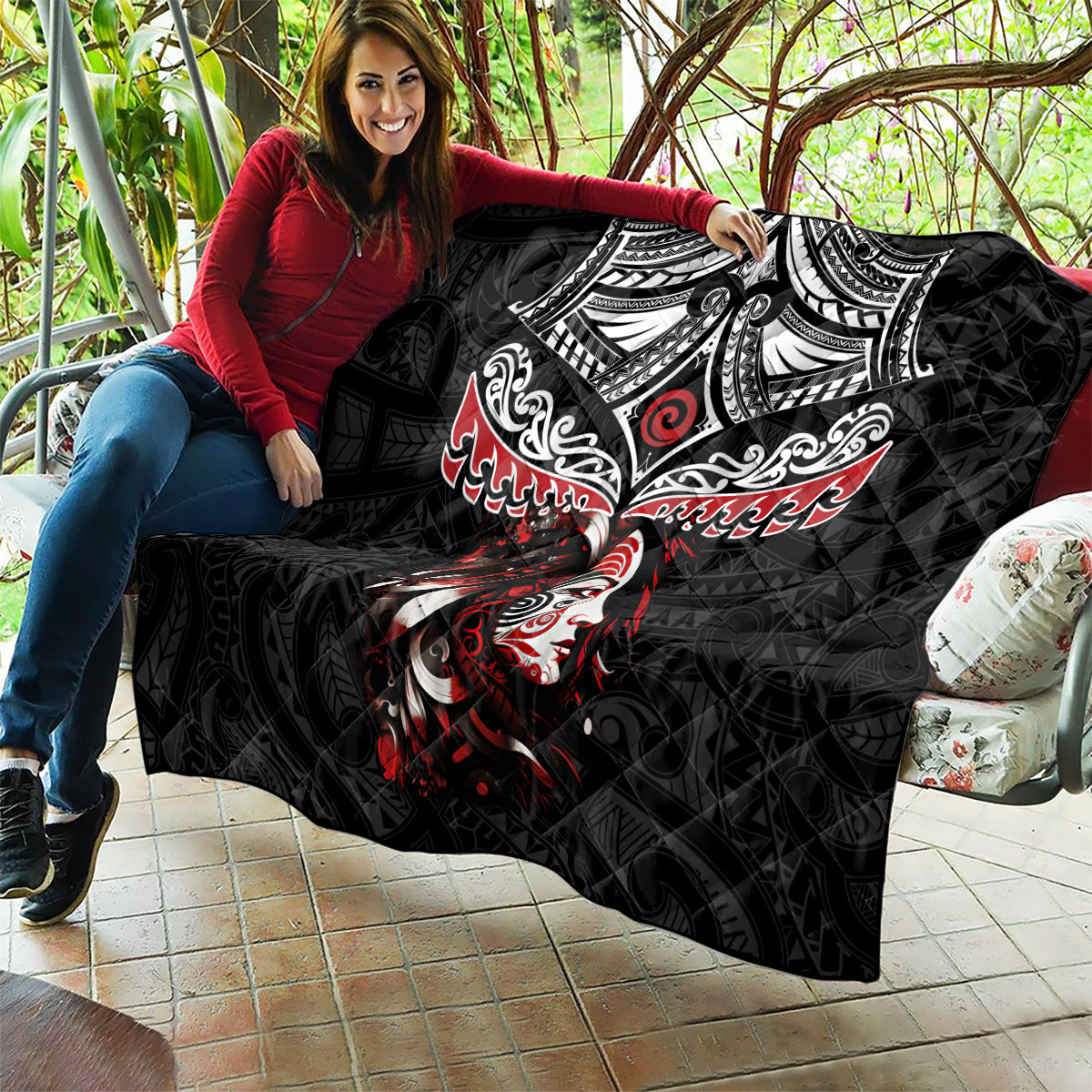 New Zealand Maori Girl Quilt Silver Fern and Koru Pattern