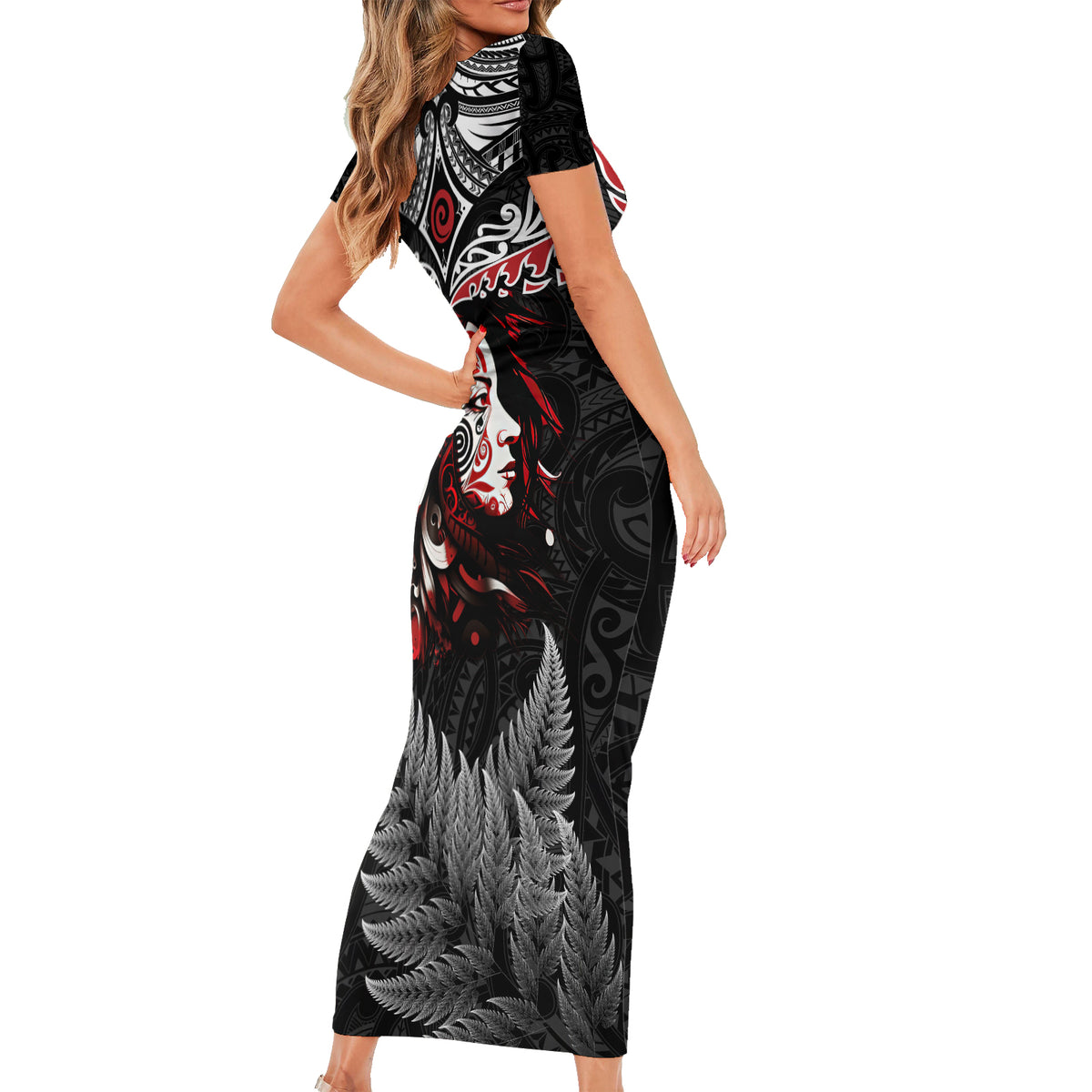 New Zealand Maori Girl Short Sleeve Bodycon Dress Silver Fern and Koru Pattern LT03 - Polynesian Pride