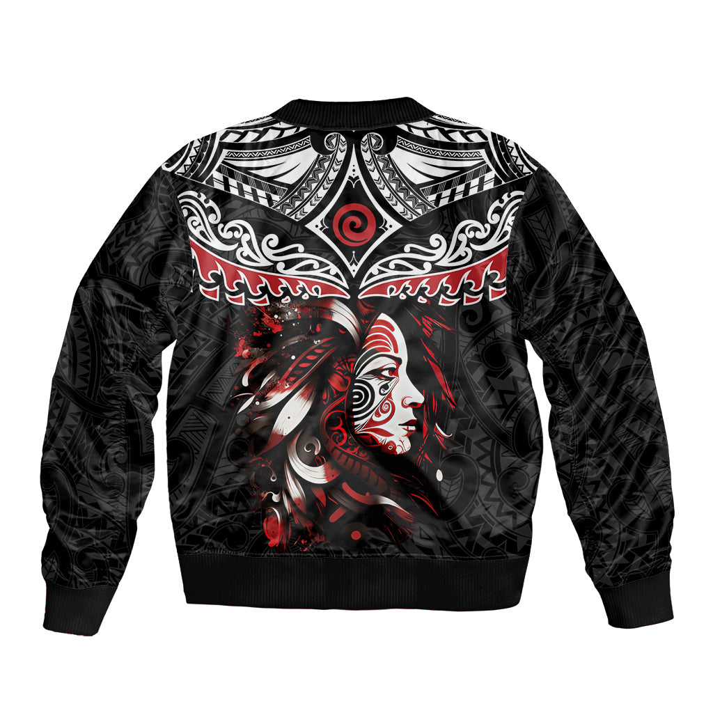 New Zealand Maori Girl Sleeve Zip Bomber Jacket Silver Fern and Koru Pattern LT03 - Polynesian Pride