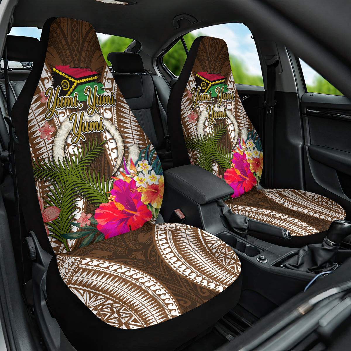 Vanuatu Selebretem 44th Indipendens Dei Car Seat Cover Yumi Pig Tusk and Namele Fern LT03 One Size Brown - Polynesian Pride