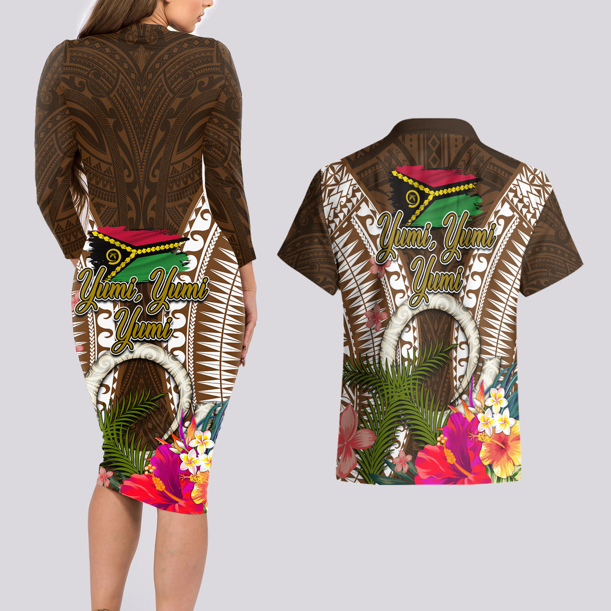 Vanuatu Selebretem 44th Indipendens Dei Couples Matching Long Sleeve Bodycon Dress and Hawaiian Shirt Yumi Pig Tusk and Namele Fern LT03 - Polynesian Pride