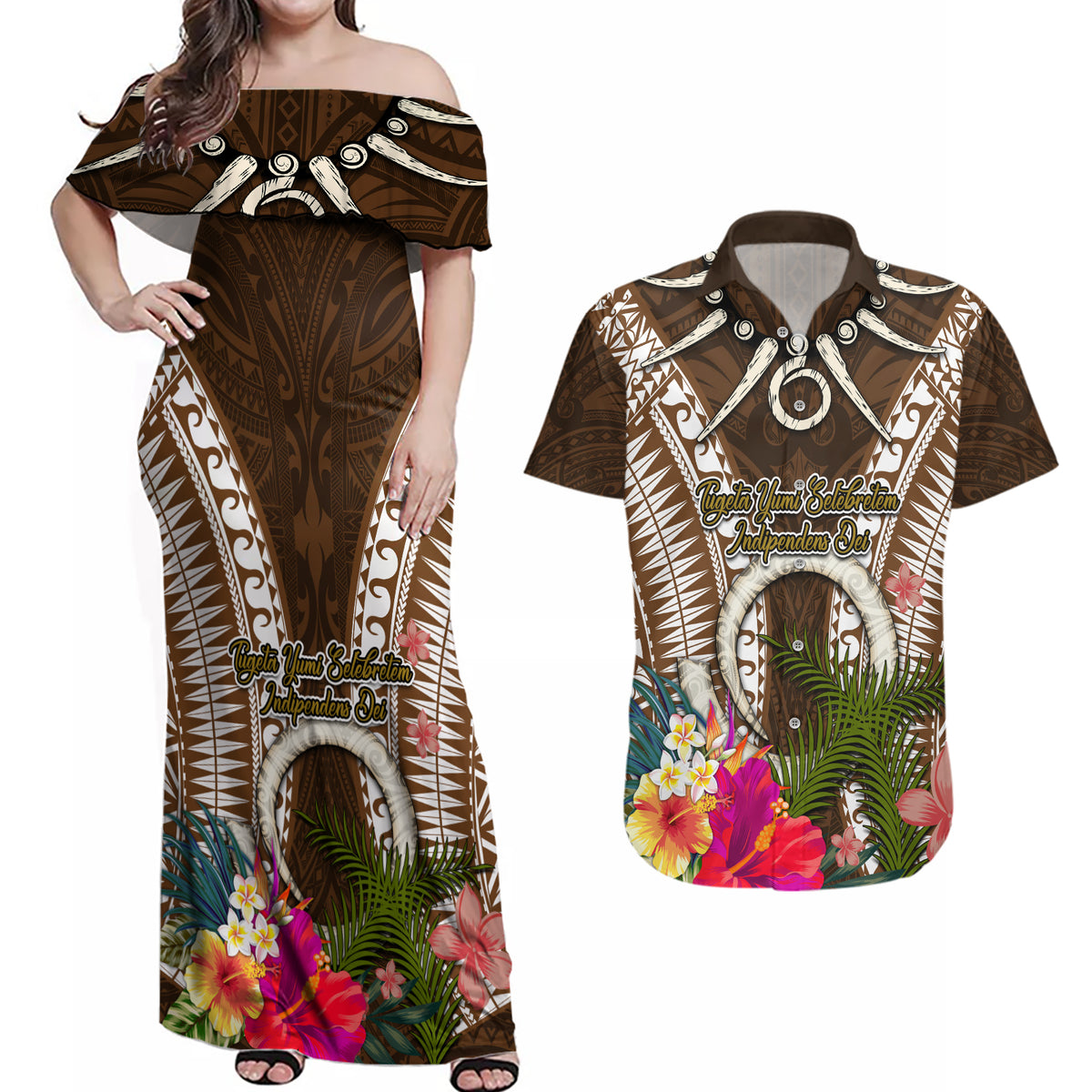 Vanuatu Selebretem 44th Indipendens Dei Couples Matching Off Shoulder Maxi Dress and Hawaiian Shirt Yumi Pig Tusk and Namele Fern LT03 Brown - Polynesian Pride
